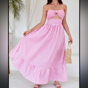 Pink and White Striped Dress with Bow